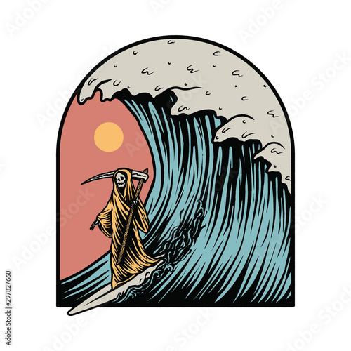 Grim Reaper Surfing Summer Graphic Illustration Vector Art T-shirt Design