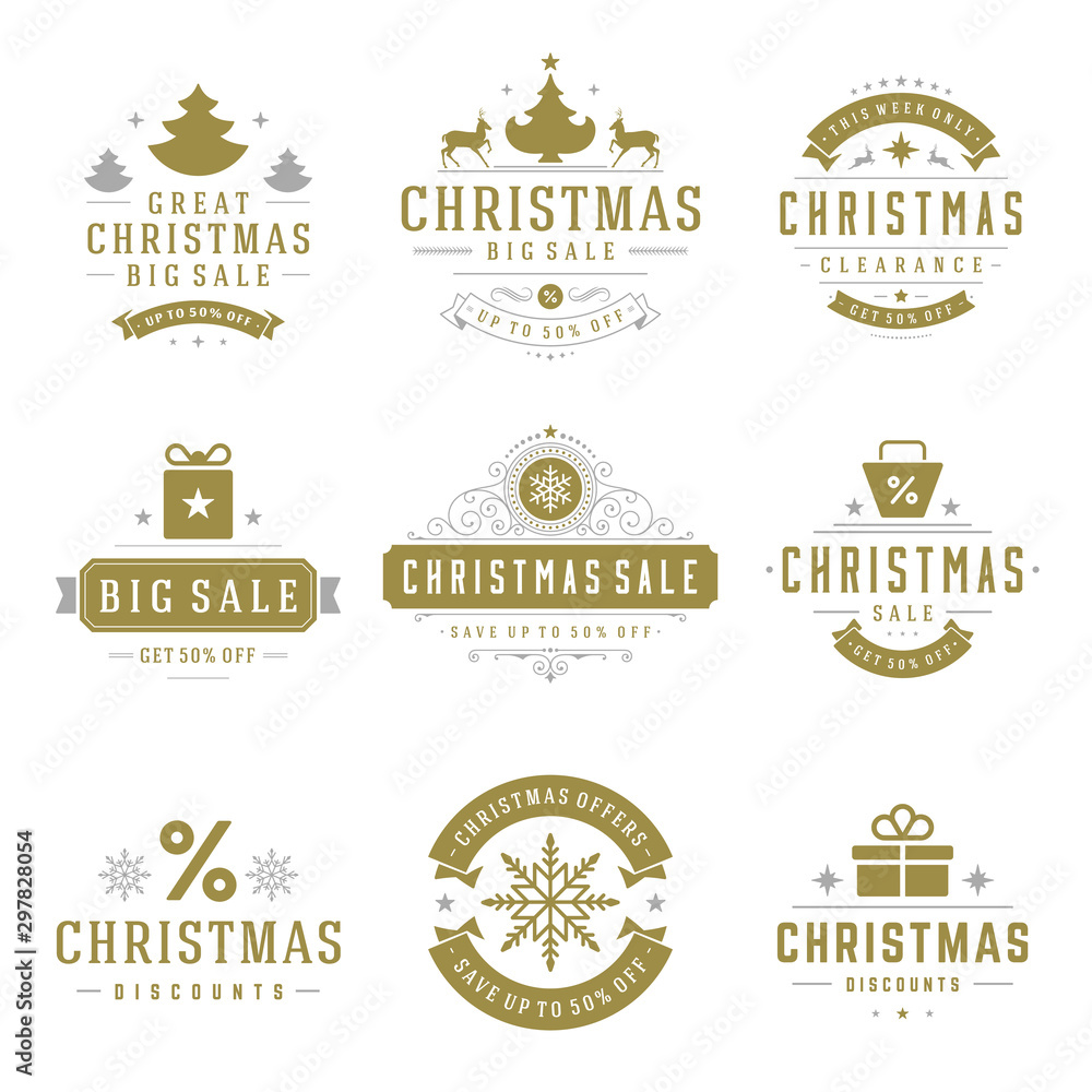 Christmas sale labels and badges with text typographic decoration design vector vintage style set - obrazy, fototapety, plakaty 
