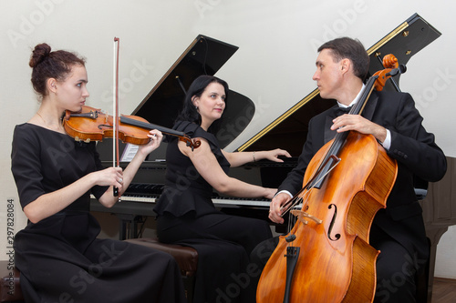 Musicians of the symphony orchestra. A young violinist and cellist play, the pianist accompanies them.