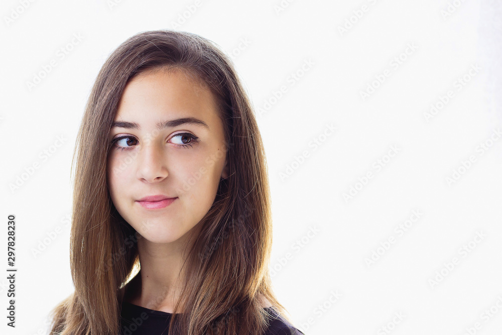 Cute, brunette teen girl isolated on white. Beauty care concept Cute, brunette teen girl isolated on white. Beauty care concept