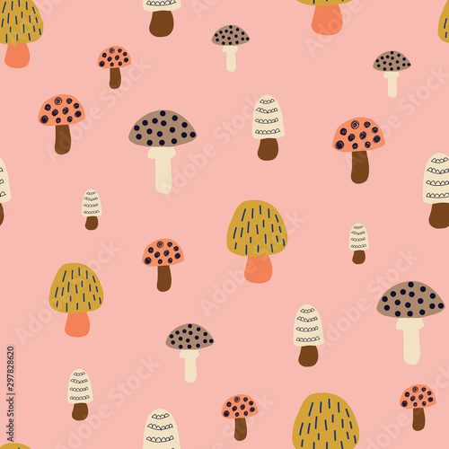 Mushroom seamless vector pattern. Modern doodle background hand drawn mushroom nature illustration in pink white brown gold. For kids fabric, fall decoration, Thanksgiving card, surface pattern design