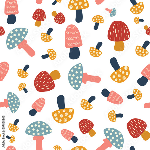 Mushroom seamless vector kids background. Modern pattern hand drawn mushroom nature illustration in pink red gold blue. For kids fabric, fall decoration, Thanksgiving card, surface pattern design