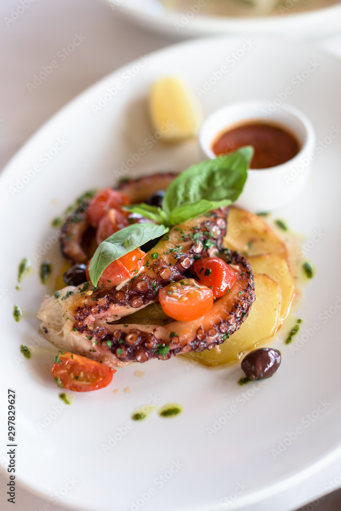 Grilled Octopus with Roasted Vegetables and Olives on White Plate. Grilled Octopus with Roasted Vegetables and Olives on White Plate.