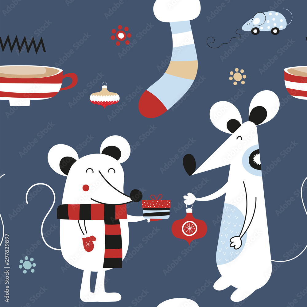New year seamless pattern with symbol 2020 - cute mouse or rat and holiday decorations on blue background. Hand drawn design elements. Vector illustration. Great for wrapping paper. New year seamless pattern with symbol 2020 - cute mouse or rat and holiday decorations on blue background. Hand drawn design elements. Vector illustration. Great for wrapping paper.