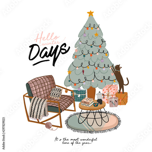 Scandinavian interior with home decorations - wreath, cat, plaid, gift, candles, table. Cozy Winter holiday season. Cute illustration and Christmas typography in Hygge style. Vector. Isolated.