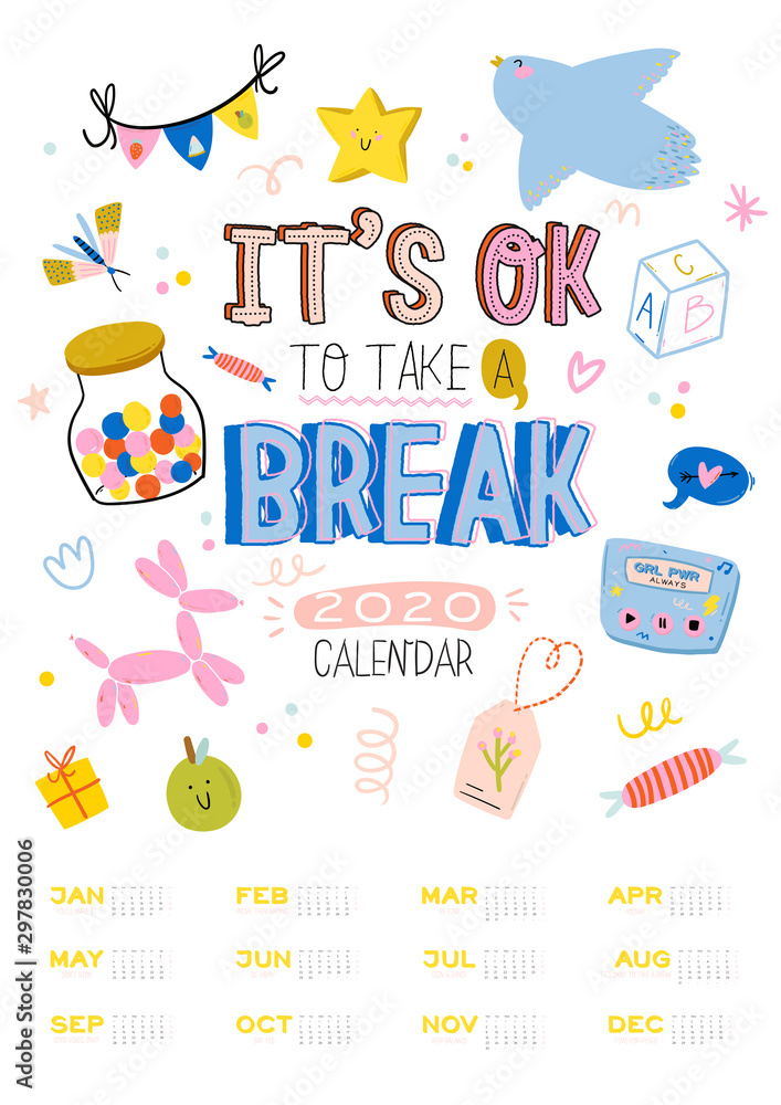 Naklejka premium Happy Birthday wall calendar. 2020 Yearly Planner have all Months. Good Organizer and Schedule. Cute kids doodle illustration, Lettering with motivational and inspiration quotes. Vector background