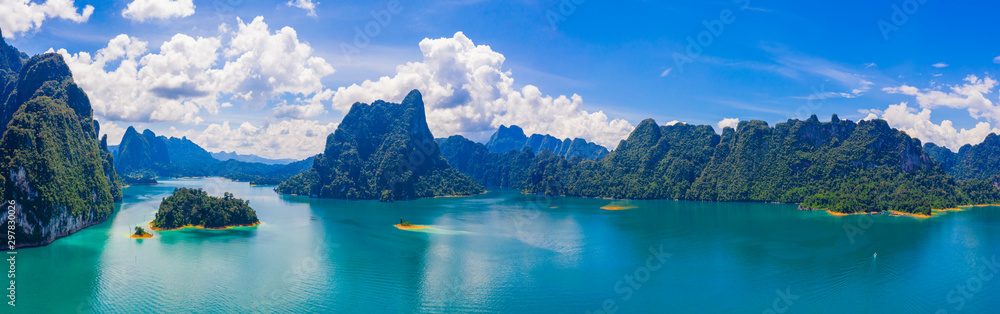 Panorama view of mountain and blue sky with cloud in Khao Sok National park locate in Ratchaprapha dam in Surat Thani province, Thailand.