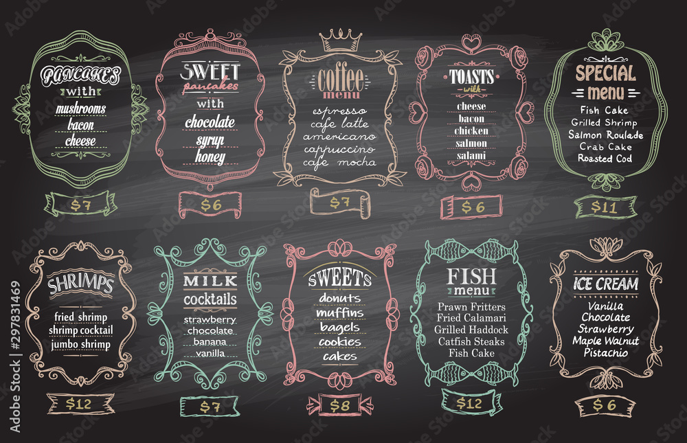 Chalk menu designs set with antique frames on a blackboard pancakes, sweet pancakes, coffee