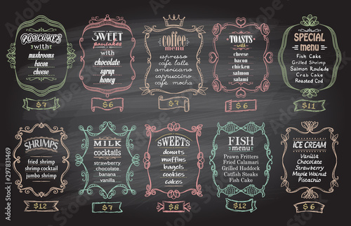 Chalk menu designs set with antique frames on a blackboard - pancakes, sweet pancakes, coffee menu, toasts, etc.