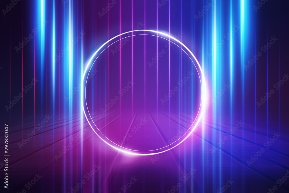 Empty background scene. Dark street reflection on wet asphalt. Rays of neon light in the dark, neon shapes, smoke. Background of an empty stage show. Abstract dark background. Empty background scene. Dark street reflection on wet asphalt. Rays of neon light in the dark, neon shapes, smoke. Background of an empty stage show. Abstract dark background.