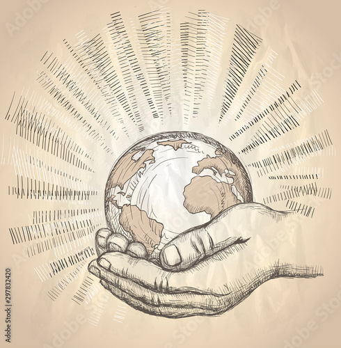 Human hands holding earth with plant sprout, vector hand drawn graphic illustration