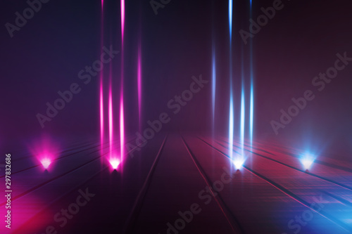 Empty background scene. Dark street reflection on wet asphalt. Rays of neon light in the dark  neon shapes  smoke. Background of an empty stage show. Abstract dark background.