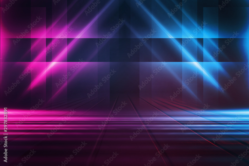 Fototapeta premium Empty background scene. Dark street reflection on wet asphalt. Rays of neon light in the dark, neon shapes, smoke. Background of an empty stage show. Abstract dark background.