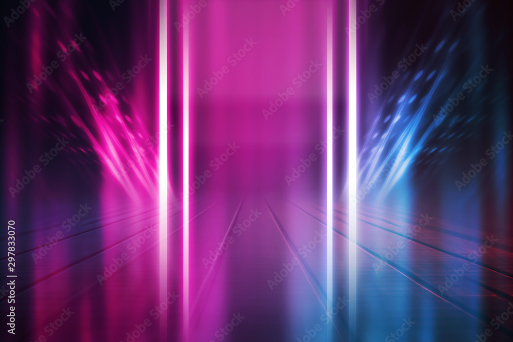 Fototapeta premium Empty background scene. Dark street reflection on wet asphalt. Rays of neon light in the dark, neon shapes, smoke. Background of an empty stage show. Abstract dark background.