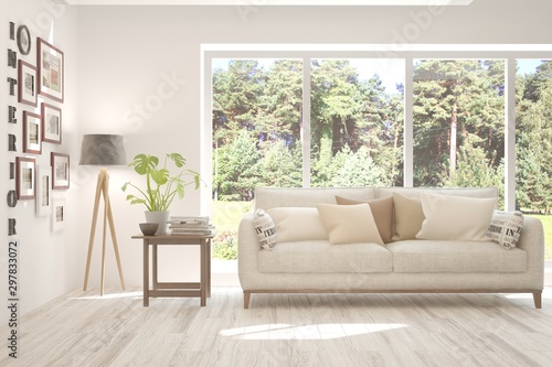 Stylish room in white color with sofa and summer landscape in window. Scandinavian interior design. 3D illustration