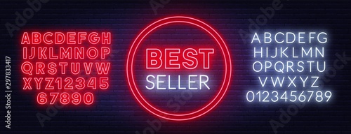 Best seller neon sign on dark background. Template for design with fonts. Vector illustration.
