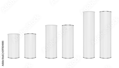 Cylindrical package for chips, tea or wine. Realistic vector mockup set of closed and opened cans.