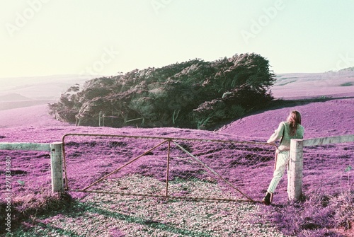 Woman walking past metal gate to purple field