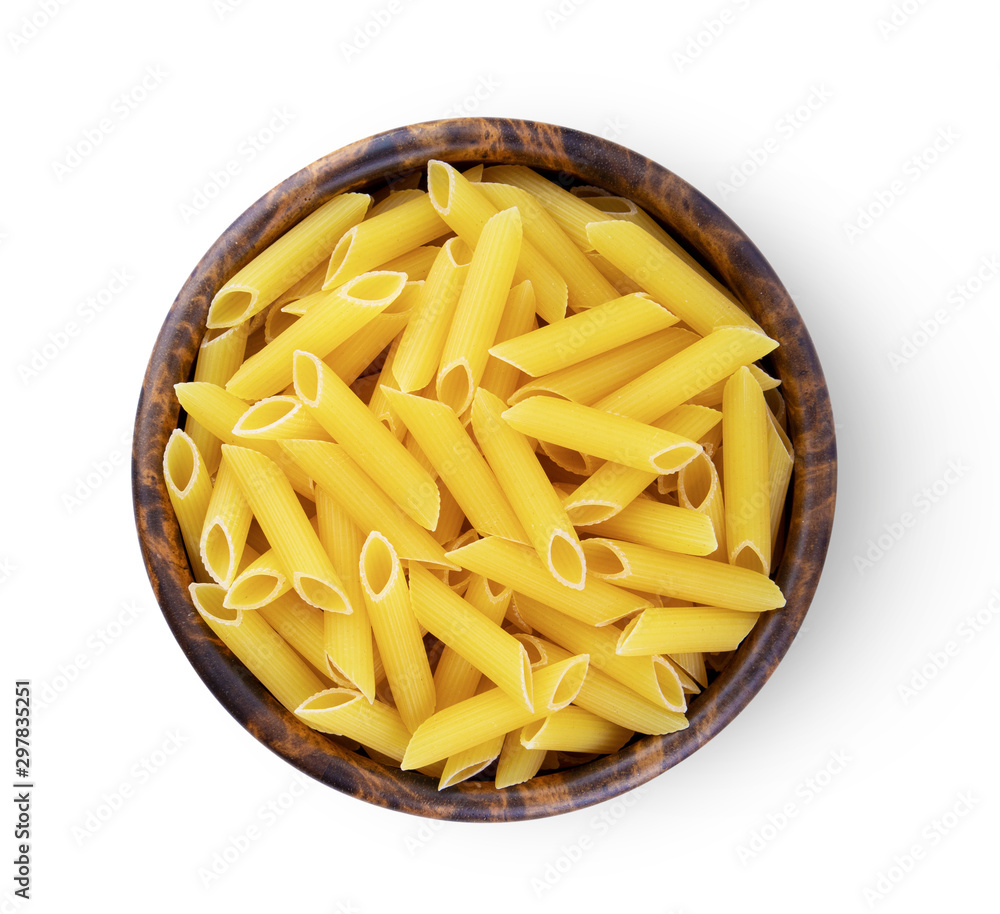 Pile of raw macaroni  in wood bowl Isolated on white background