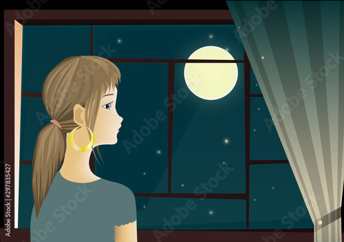 Girl standing near a window and watching the moon 