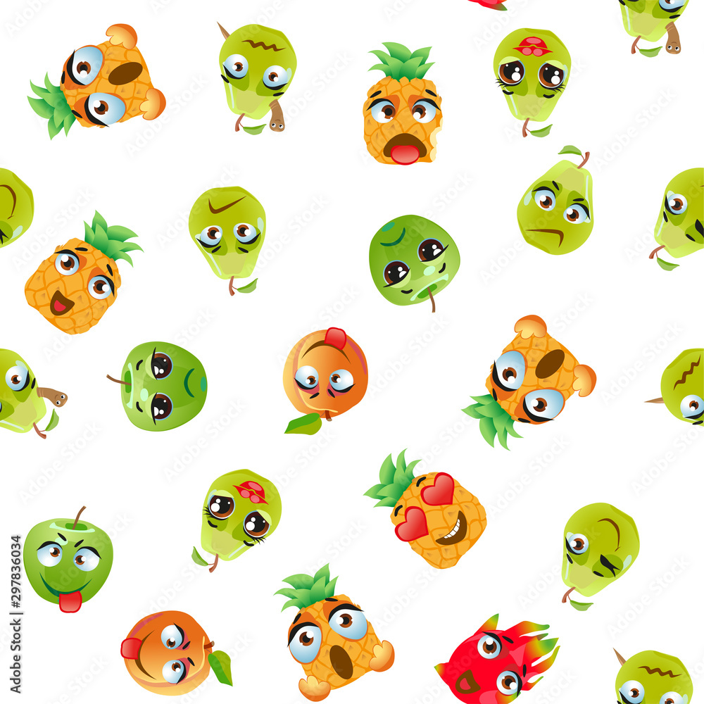 Cute seamless pattern with cartoon emoji fruits Cute seamless pattern with cartoon emoji fruits