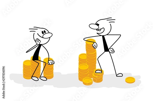 Doodle stick figure: Businessmen with pile of money. Vector.