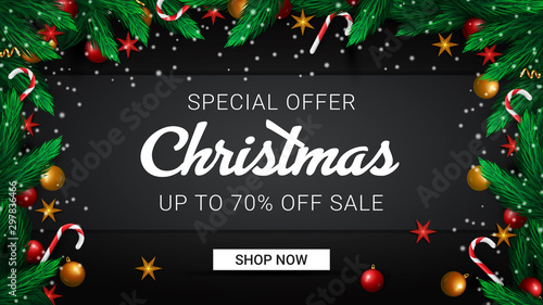 Christmas Sale banner with special offer 70 percent off. Abstract black vector background with green fir tree branches