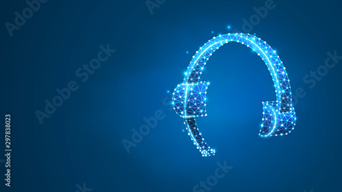 Headset. Headphones with microphone sign. Support, call center, customer service concept. Abstract, digital, wireframe, low poly mesh, vector blue neon 3d illustration. Line, dot