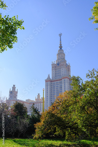 Moscow, Russia October 8, 2019.Autumn landscape.View of the Lomonosov Moscow State University building through the park's trees on an autumn day.