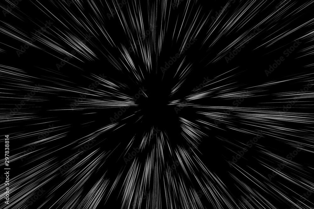 Bokeh white lines on black background, abstraction, abstract speed light motion blur texture, star particle or space traveling, black and white extrusion effect