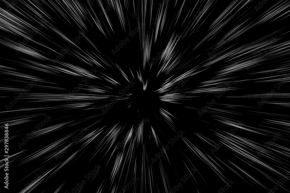 Obraz premium Bokeh white lines on black background, abstraction, abstract speed light motion blur texture, star particle or space traveling, black and white extrusion effect