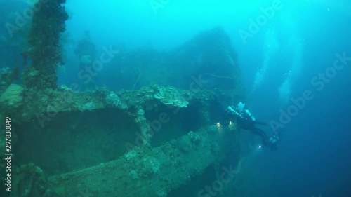 Wallpaper Mural Wreck underwater in Truk Lagoon on Chuuk Islands. Shipwreck in historic place of terrible tragedy of WW II. Rust, metal corrosion and corals and diving among the wreckage of ship. Torontodigital.ca