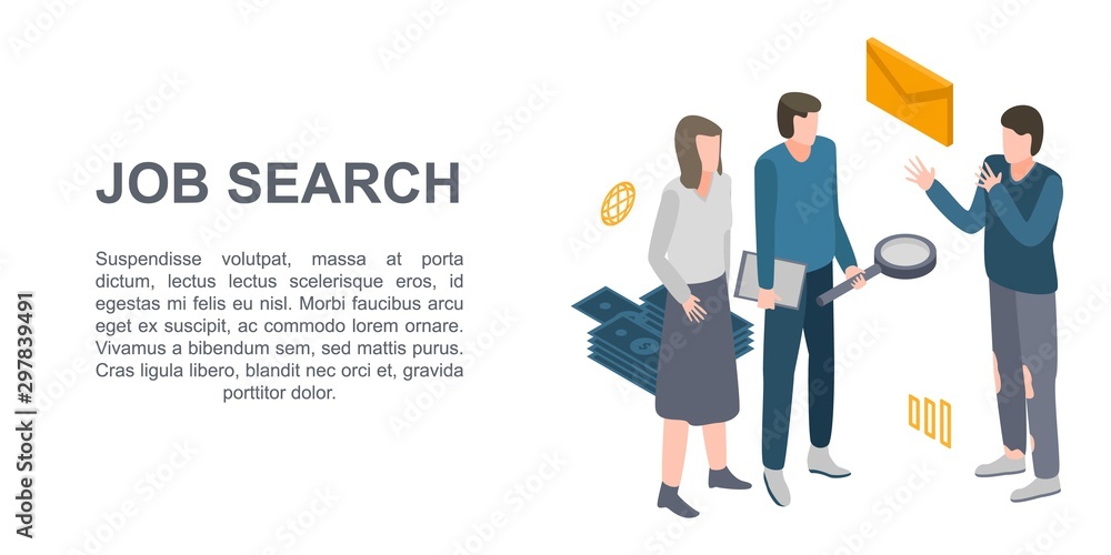 Job search concept banner. Isometric illustration of job search vector concept banner for web design