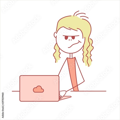 Doodle stick figure: Angry girl working with computer. Vector