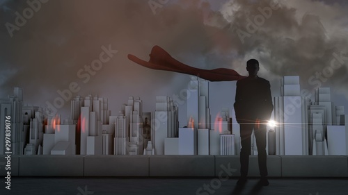 Businessman silhouette with flash lightning and storm on cityscape background 