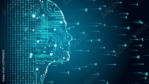 Future AI tech machine learning, human fast digital computing, robot revolution