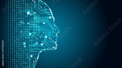 Machine learning future AI tech, human fast digital computing, robot revolution