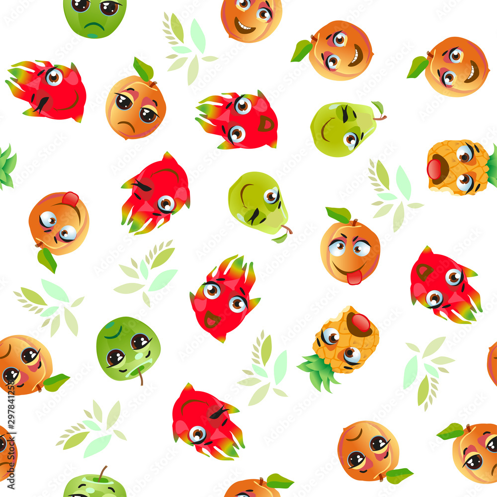 Cute seamless pattern with cartoon emoji fruits Cute seamless pattern with cartoon emoji fruits