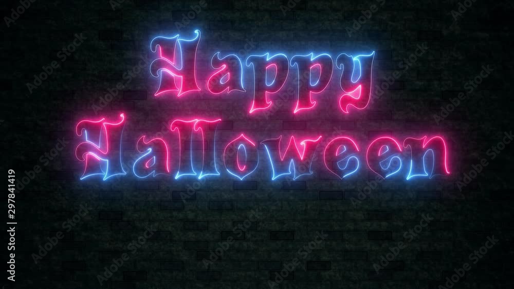 Artistic Neon Glow Halloween Lettering Style Animation With Orange Three Pumpkin Light On The Dark Brick Tiles Wall Texture Background Artistic Neon Glow Halloween Lettering Style Animation With Orange Three Pumpkin Light On The Dark Brick Tiles Wall Texture Background