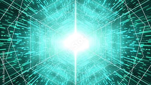 Digital matrix tunnel with bright light ahead, source code virtual machine