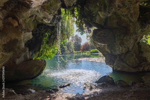 Inside a cave behind waterfall, tropical nature beauty