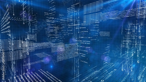 Programming code 3d world, inside machine processes, blue tech background