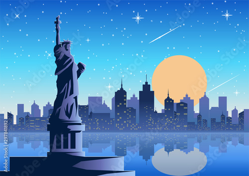 Liberty Statue famous landmark of America at night full moon star.tower background.silhouette style