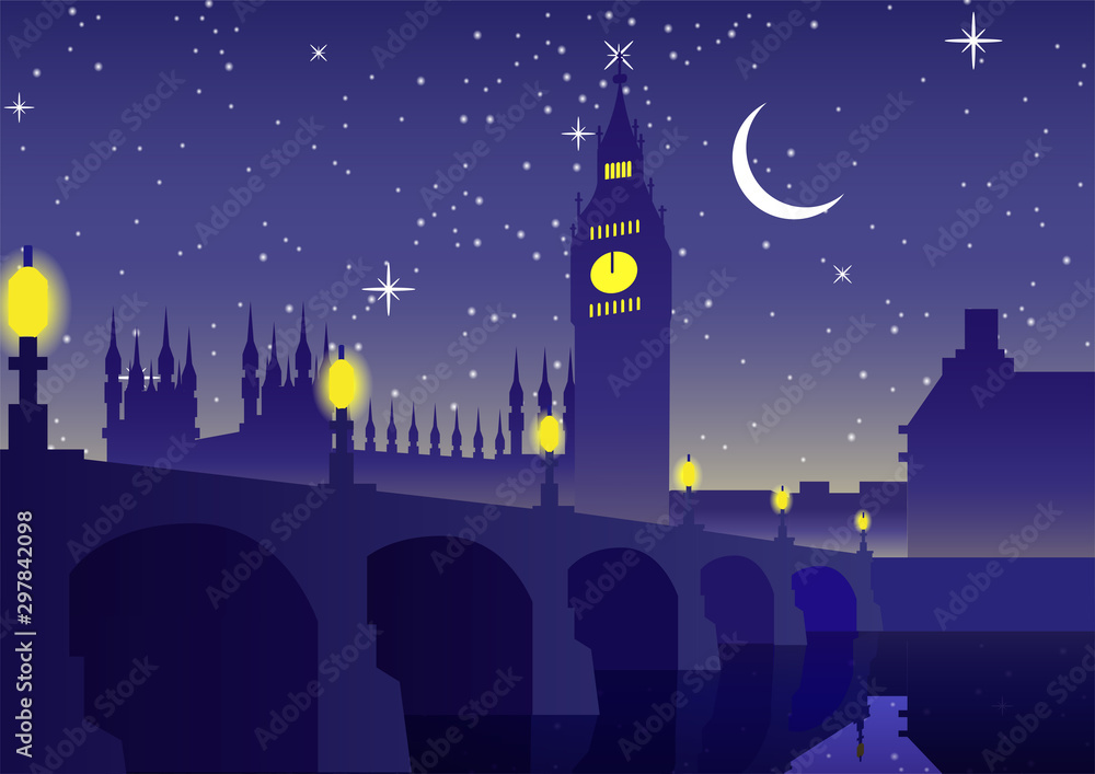 Big Ben clock famous landmark of England London,night scene,silhouette style,vector illustration