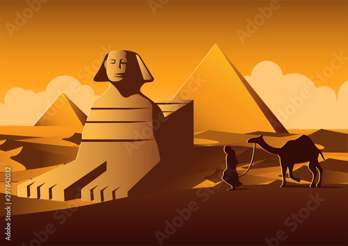 Sphinx and Pyramid famous landmark of Egypt,cartoon version,vector illustration