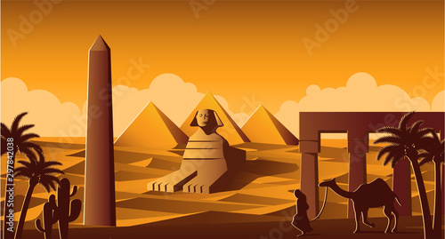 Sphinx and Pyramid famous landmark of Egypt,cartoon version,vector illustration