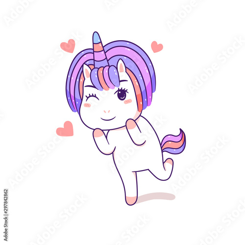 Kawaii short hair unicorn standing, happy cartoon vector
