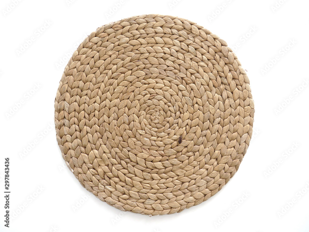 top view texture of handmade round beige wicker tablecloth surface isolated on white background; - obrazy, fototapety, plakaty 