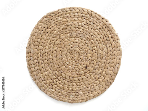 Принти на полотні top view texture of handmade round beige wicker tablecloth surface isolated on w
