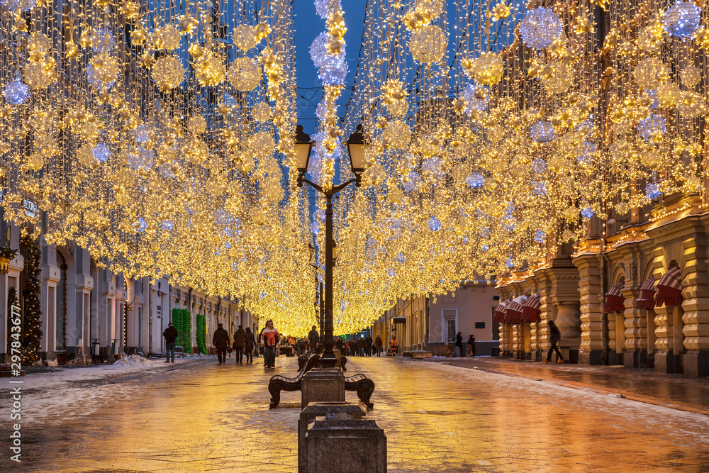 Nikolskaya street decorated during Christmas and new year holidays, Moscow, Russia - obrazy, fototapety, plakaty 